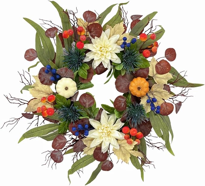 20 Inch Fall Wreath for Front Door, Artificial Thanskgiving Autumn Wreath with Pumpkins, Berries, Dahlia and Silk Leaves for Farmhouse Home Window Wall Office Indoor Outdoor Decorations