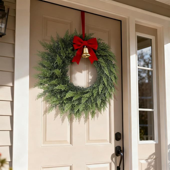 24" Real Touch Artificial Cedar Wreath - Faux Christmas Wreaths for Front Door,Faux Pine Green Wreath for Home, Holiday, Fireplace, Mantle,Wall, Windows, Xmas, Outdoor Decoration