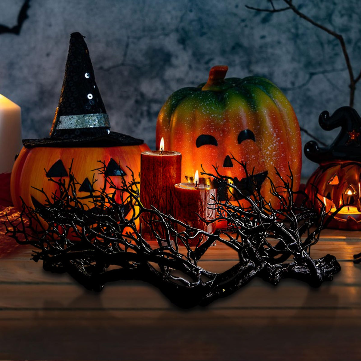 Halloween Black Branch Wreath Signs for Front Door with Red Lights,Handcrafted Halloween Horror Wreath for Indoor Outdoor Party Window Wall Decor Farmhouse Garland Yard