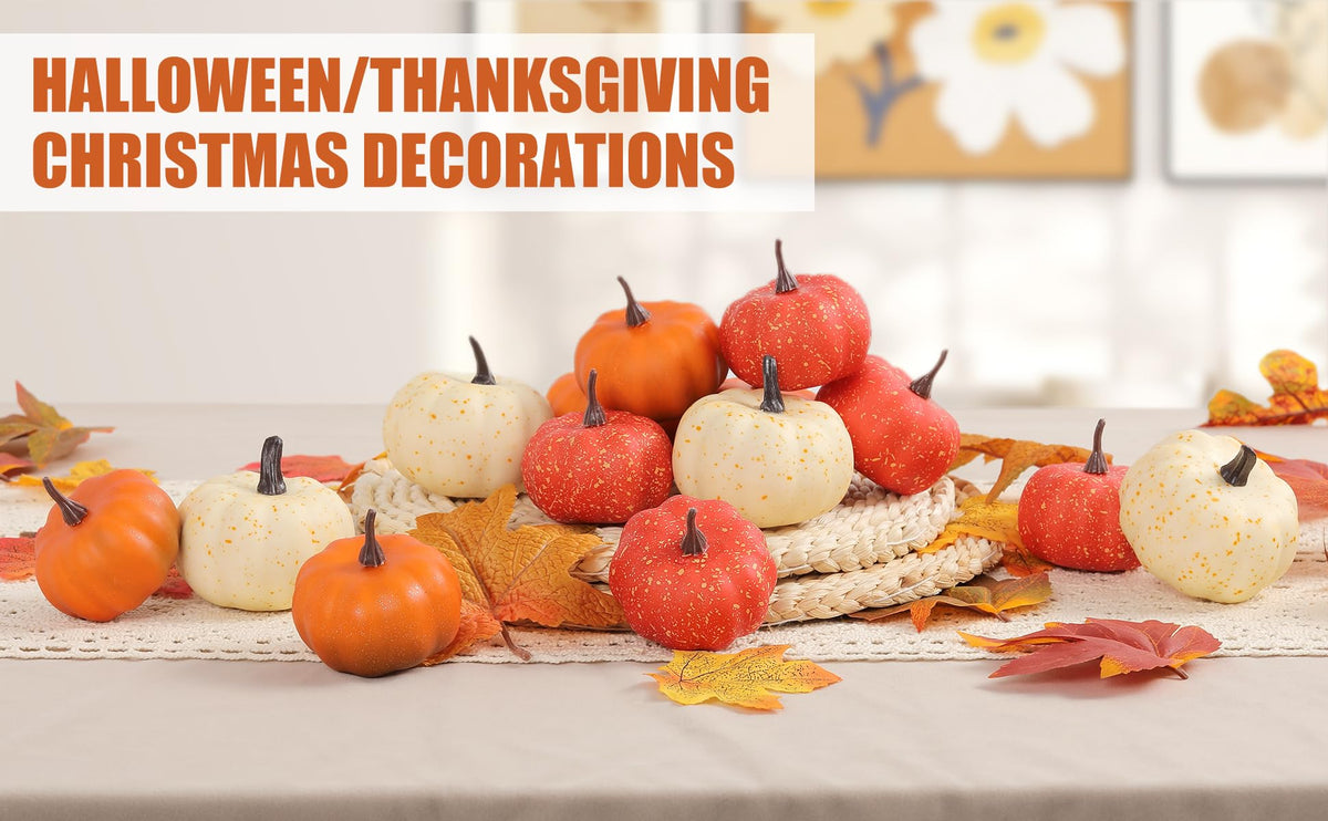 CHEAWRTZ 16PCS Realistic Mini Pumpkin Decor,Fall Decor with Pumpkins Maple Leaves, Artificial Pumpkin Decor for Autumn Filler, Realistic Pumpkin Decorations for Halloween Thanksgiving Fall Home Decor