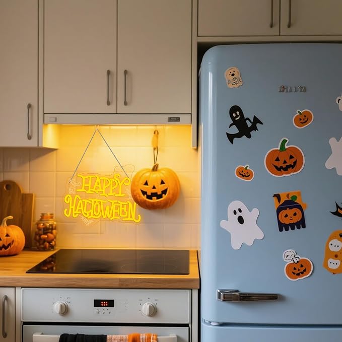 HAPPY HALLOWEEN Neon Sign, Bright Yellow LED Wall Light with Bats, Spider Webs & Skull, Halloween Party Decoration for Home, Bar, Dorm, Spooky Décor