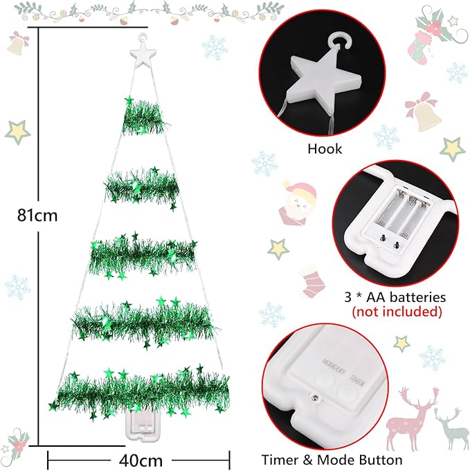 Toodour Christmas Decorations Indoor Lights, 2.65ft LED Christmas Lights, Green Wall Window Hanging Light, Battery Operated Holiday Decoration for Outdoor Garden New Year Home Decor