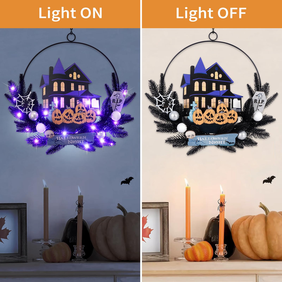 30 LED Lighted Pumpkin Halloween Decoration Wreath for Front Door, Welcome Metal Wooden Hanging Sign Door Wreath Decor, Battery Operated Indoor Outdoor Halloween Wall Decor
