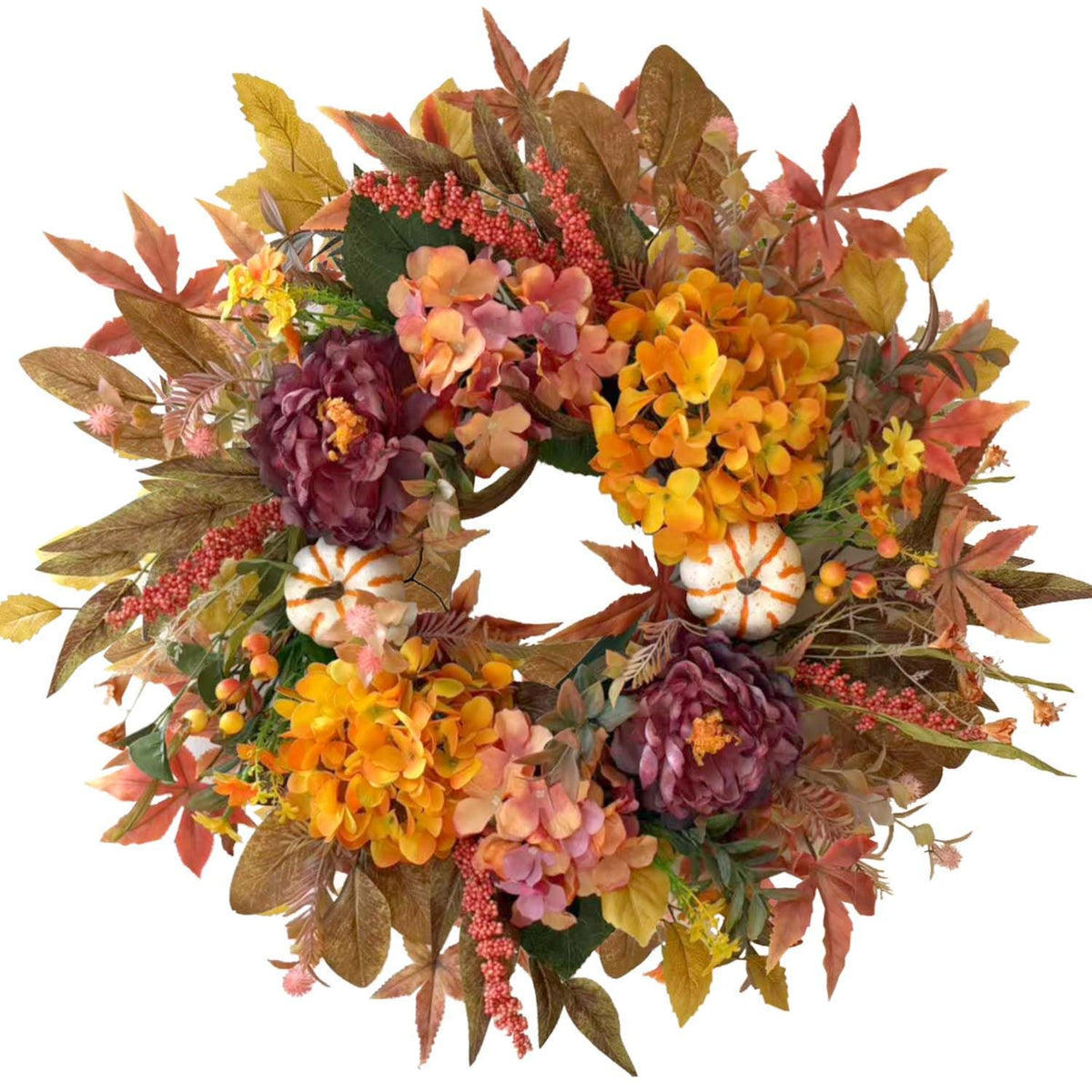 WANNA-CUL 24 Inch Fall Wreaths for Front Door with Hydrangea,Peony and White Pumpkins-Fall Decorations for Home, Fall Door Wreath Decor for Autumn,Harvest, Halloween or Thanksgiving