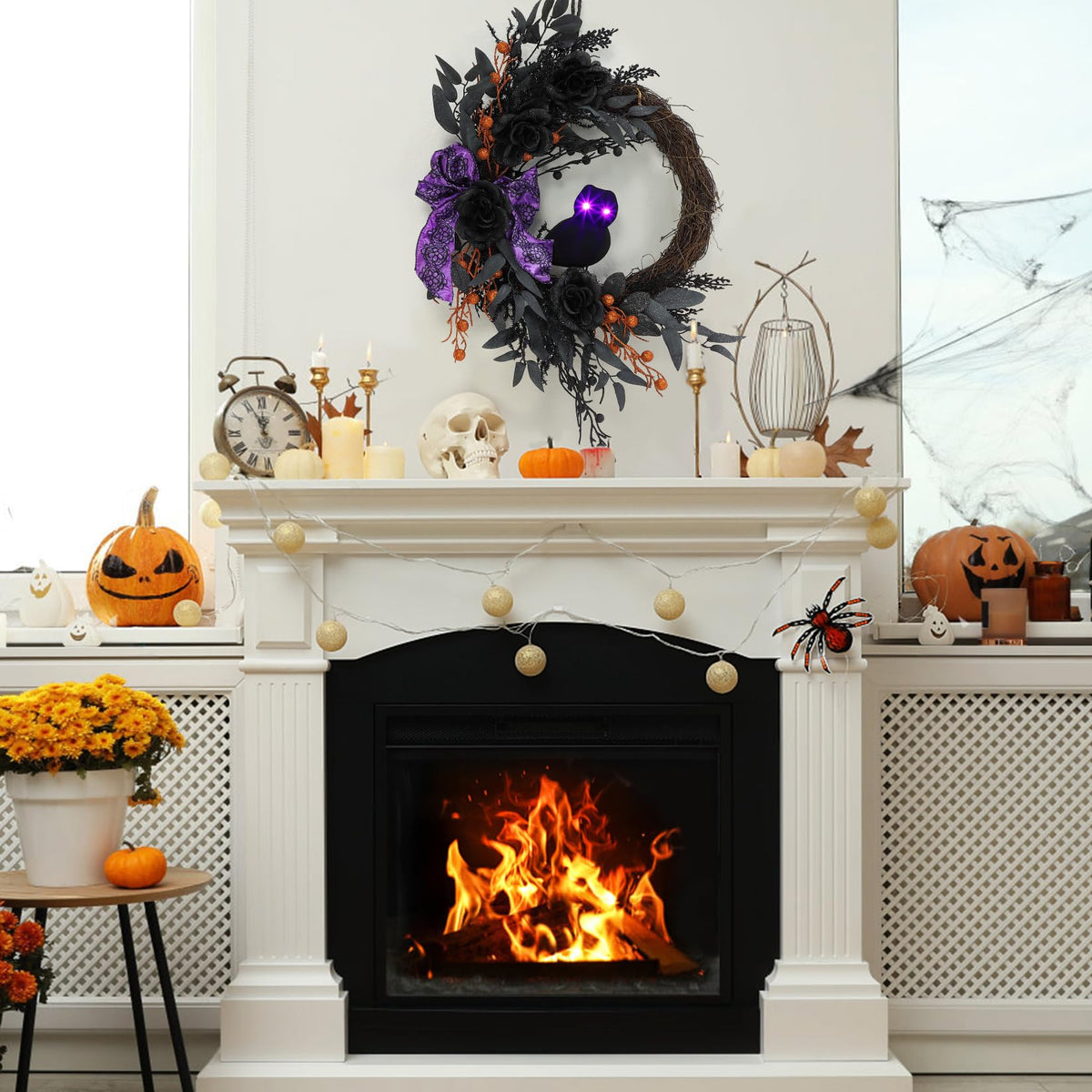 Garvee Halloween Door Wreath, 22 Inch Prelit Halloween Owl Wreaths for Front Door with Black Willow Leaves, Artificial Roses, Purple Bow for Indoor Outdoor Wall Porch Decor