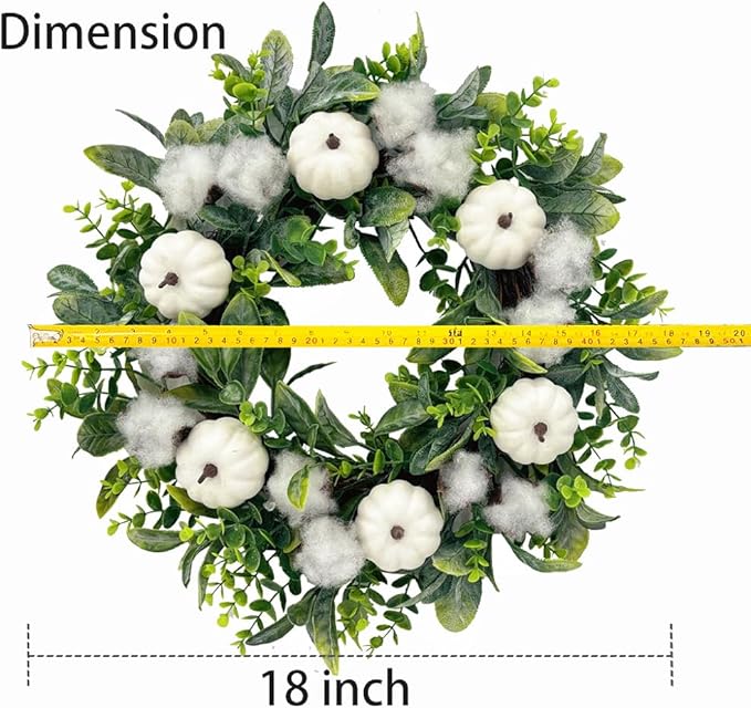 18 Inch Thanksgiving Fall Wreath for Front Door, Autumn Artificial Wreath with White Pumpkin, Cotton, Greenery Leaves for Farmhouse Home Window Wall Office Wedding Indoor Outdoor Decorations