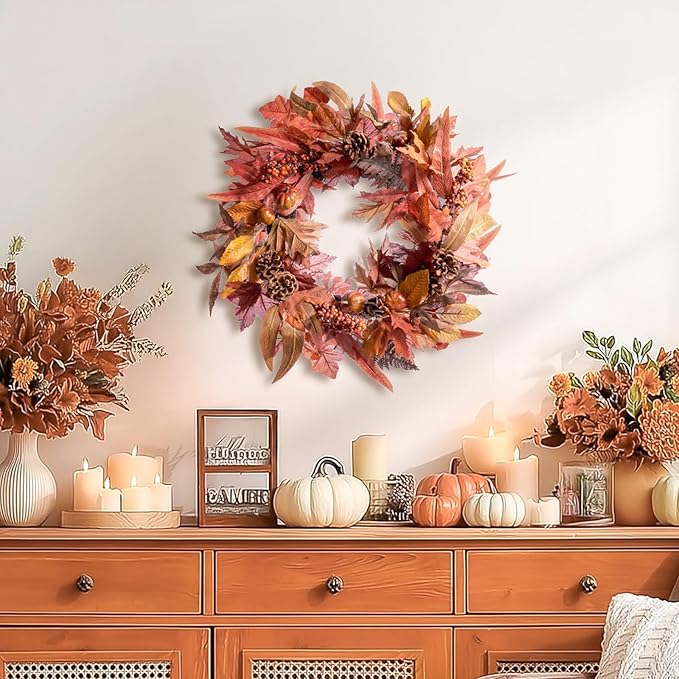 DN DECONATION 24 Inch Fall Wreaths for Front Door, Autumn Farmhouse Wreaths with Orange Pumpkins, Leaves, Pinecones & Berries for Indoor Outdoor Porch Home Wall Thanksgiving Harvest Festival Decor