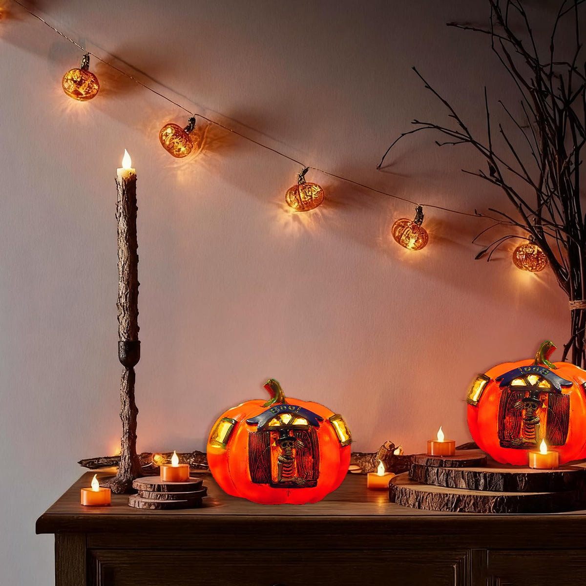 VGE Halloween Skull Pumpkin LED Lantern, Jack O Lantern Light Up Decor with Skeleton Design for Indoor Outdoor, Gothic Home Resin Pumpkin Lights Decor for Party Porch Garden Tabletops Mantel, Orange