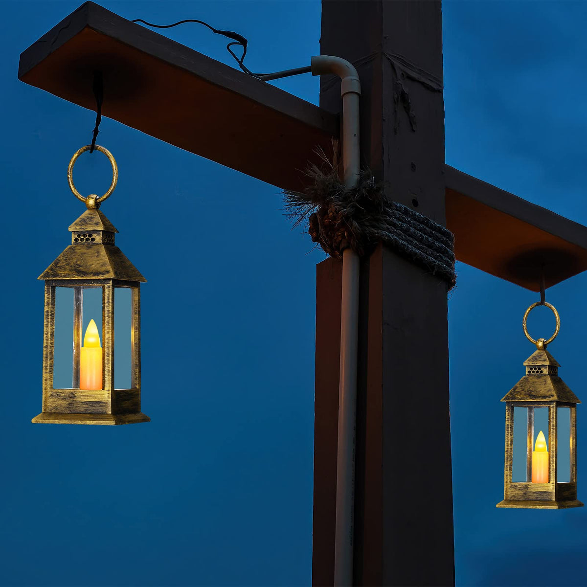Hoolerry 24 Set 5.5'' Mini Lanterns with LED Candle for Wedding Centerpiece Vintage Decorative Hanging Small Lantern Battery Powered for Halloween Wedding Table Centerpiece(Bronze)