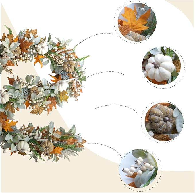 Thanksgiving Fall Wreath, Eucalyptus Berries Pumpkins Lamb Ears Leaves Autumn Wreaths for Front Door, Fall Decor, Porch Wall, Home Outdoor Holiday Decorations (Pumpkin Garland)