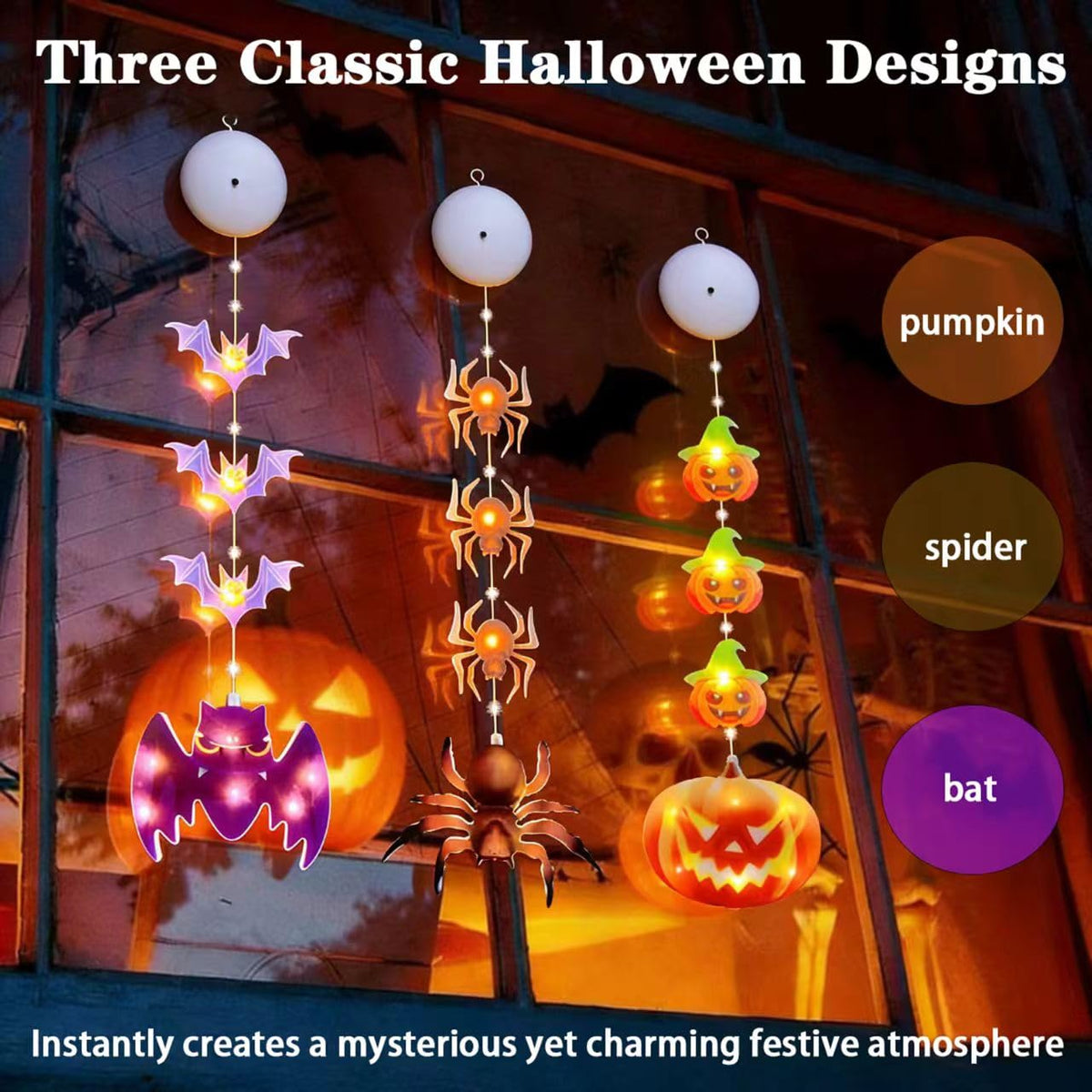 3PCS Halloween Lights, Battery-Powered Decorative Lights Featuring Pumpkin Bats Spiders with Timer, Window Lights with Suction Cups，Holiday Window Decorations for Indoor Home Party Decor (Multicolor)