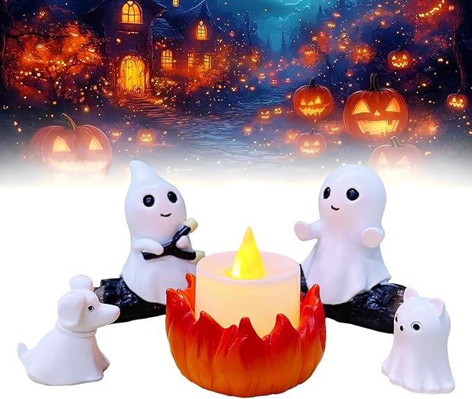 SOMITO 2025 Ghost Campfire Nightlight, Spooky Ghost Halloween Decorations Indoor, Cute Halloween Ghost Figurine, Funny Halloween Decor for Home Mantel Tabletop Party (with Cat and Dog)