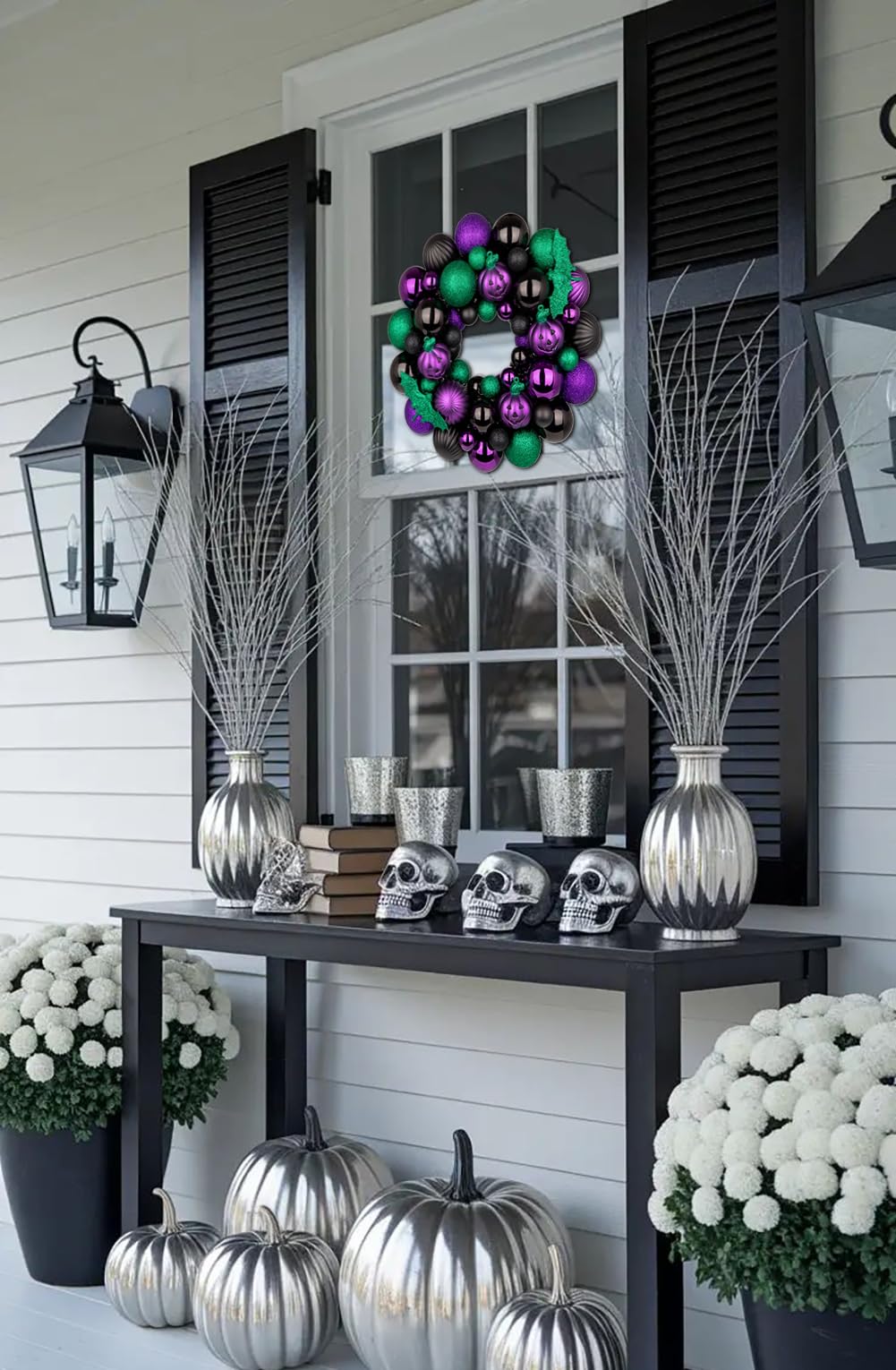 Halloween Wreath for Front Door, 13 inch Small Halloween Ball Wreath with Pumpkins Bats Shatterproof Front Door Wreaths Green/Purple/Black Ball Ornament for Wall Mantel Porch Indoor Outdoor Decor