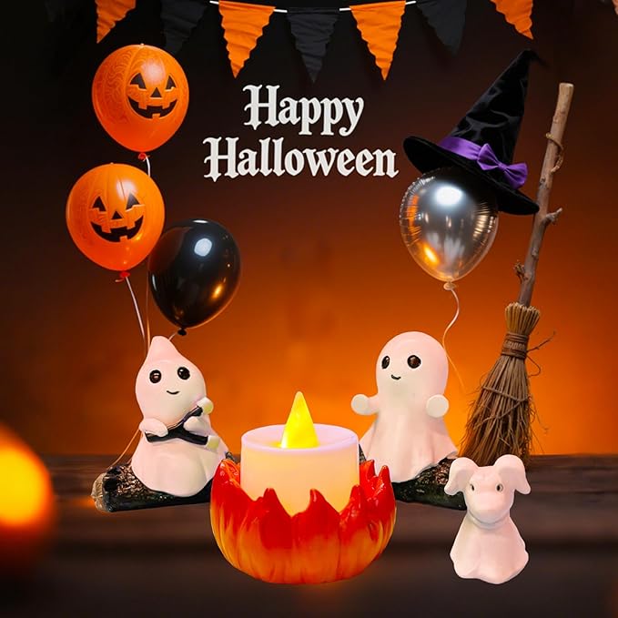 SOMITO 2025 Ghost Campfire Nightlight, Cute Halloween Ghost Figurine, Spooky Ghost Halloween Decorations, Adorable Halloween Decor Indoor for Home Mantel Tabletop Party (with Dog)