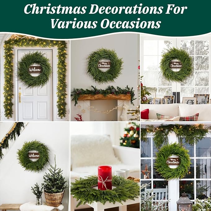 24 Inch Real Touch Christmas Wreath for Front Door, Norfolk Pine Wreath with Welcome Sign, Large Artificial Green Wreath Home Indoor, Porch, Fireplace, Wall, Windows, Outdoor Decor