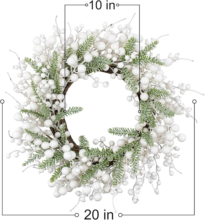 20 Inches White Christmas Wreath Farmhouse Christmas Wreaths for Front Door Rustic Winter Wreath with White Berry Fir Pine Needle for Doors Window Indoors Porches Outside