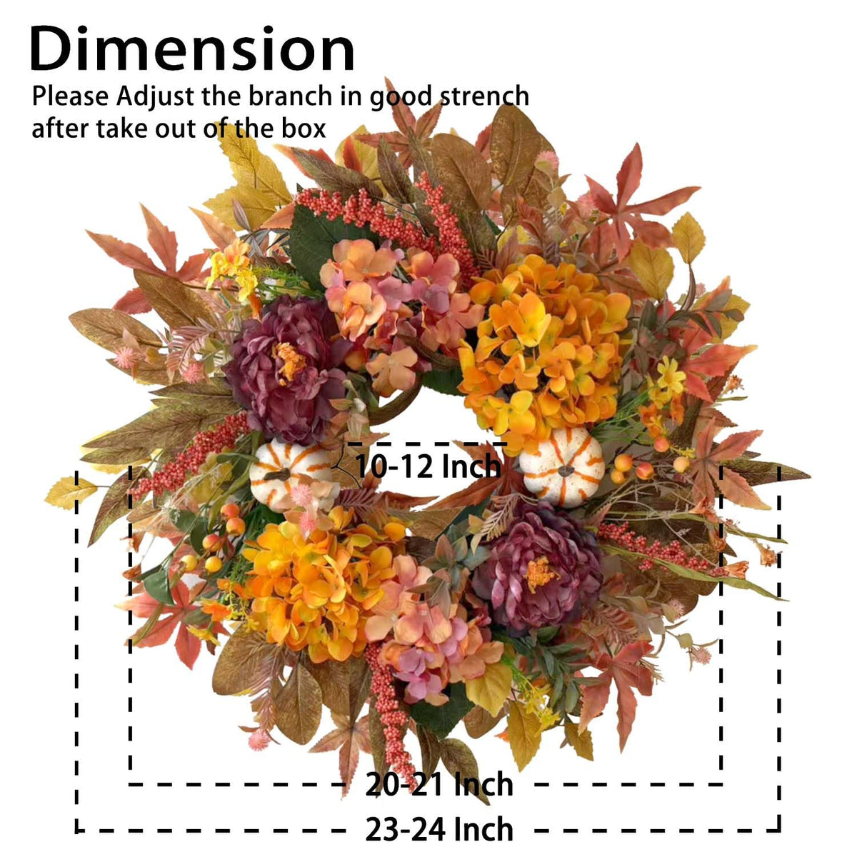 WANNA-CUL 24 Inch Fall Wreaths for Front Door with Hydrangea,Peony and White Pumpkins-Fall Decorations for Home, Fall Door Wreath Decor for Autumn,Harvest, Halloween or Thanksgiving