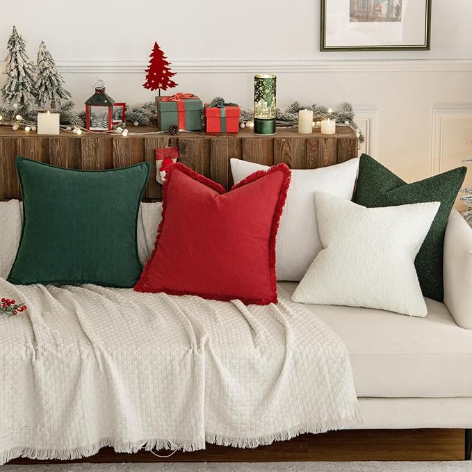 MIULEE Christmas Decorative Throw Pillow Covers Neutral Linen Fringe Throw Pillows Euro Shams Set of 2 Red Boho Farmhouse Cushion Covers with Tassels for Couch Sofa Bed Living Room Decor 22x22 Inch