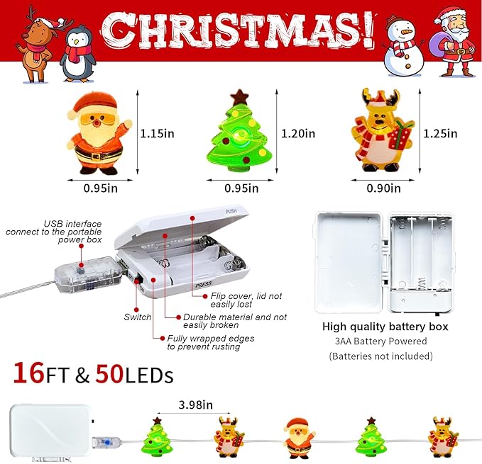 pozzolanas Christmas Fairy Lights, LED Christmas Tree Santa Claus Snowman Moose Lights Decoration, Waterproof Battery Powered Indoor Outdoor Decoration String Lights - 1Pack