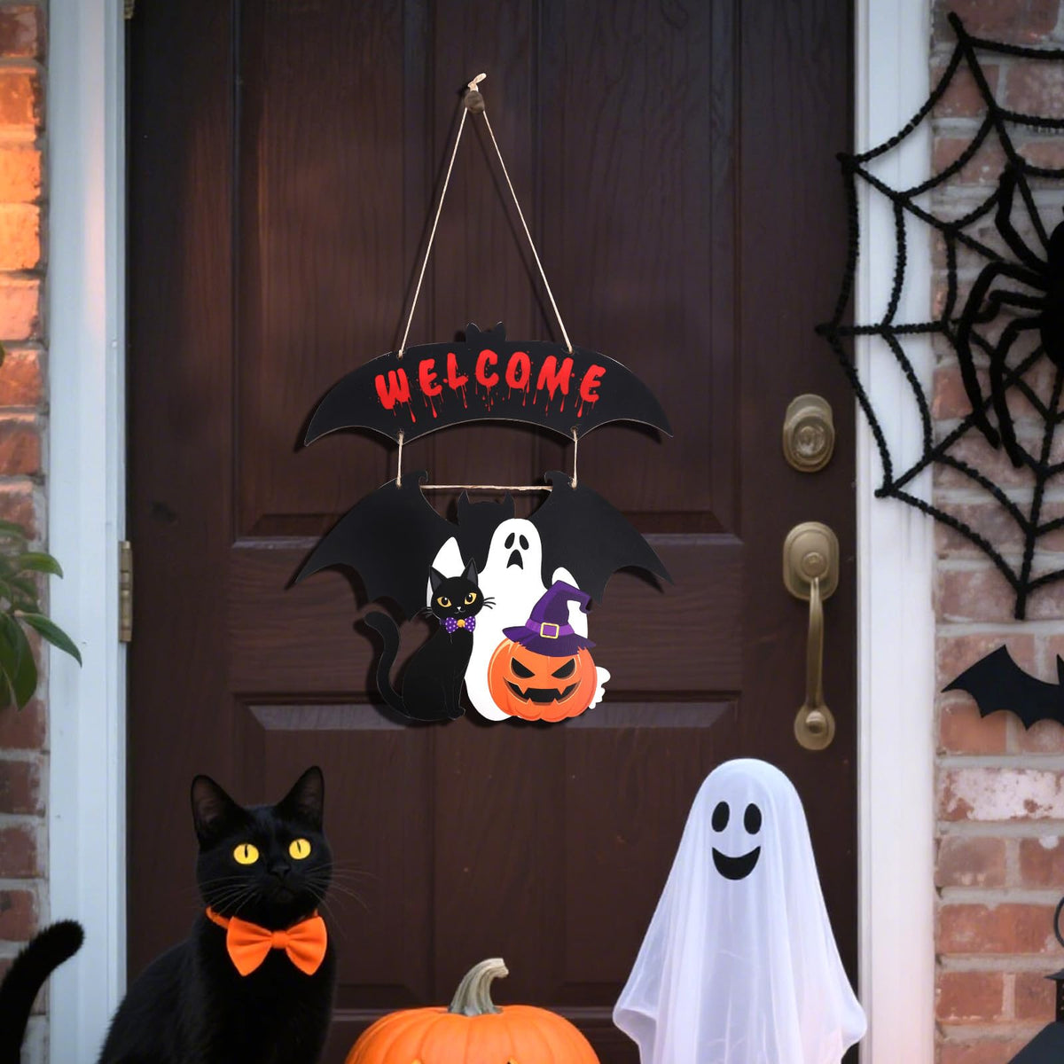 Halloween Door Wreath, Wooden Halloween Ghost Front Door Welcome Wreath Funny Pumpkin Black Cat Hanger Reef Decoration Ideal for Wall Indoor Outdoor Party Decor Supply
