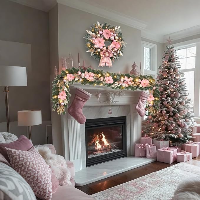 22inch Christmas Pink Wreath for Front Door with 25 LED Lights w/Timer,Elegant Magnolia Christmas Door Wreath,Lighted Festive Winter Decor,Pink Decorations for Wedding