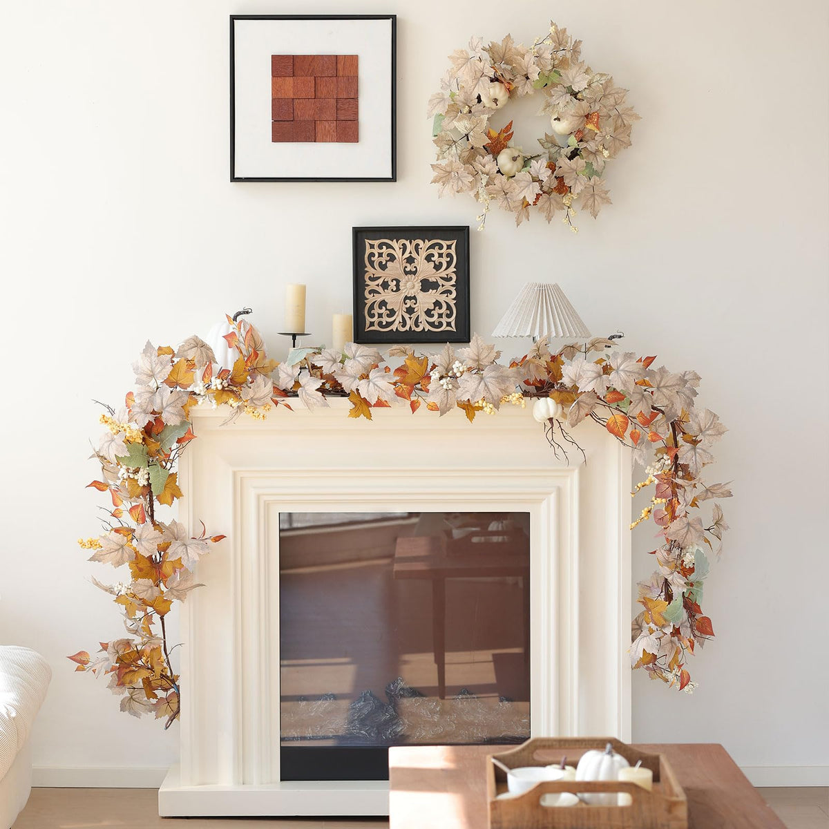MIZII Fall Wreaths for Front Door 19 inch White Fall Wreath with Artificial Maple Leaves Pumpkin Autumn Leaf Thanksgiving Halloween Harvest Door Decorations for Wall Porch Home Decor (White)