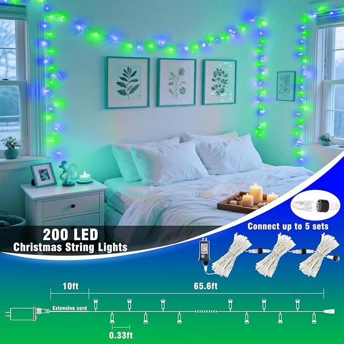 500 LED Christmas Lights Outdoor 165FT Connectable String Lights Indoor 8 Modes Clear Wire Plug in Waterproof Twinkle Fairy Lights for Bedroom Christmas Tree Party Decorations, Blue&Green