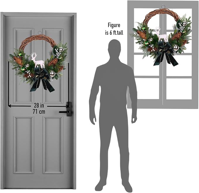 28" Lighted Christmas Wreath for Front Door, Handmade with Pinecones Ornaments Deer Bow, Christmas Wreath Decoration for Home Door Porch Wall Indoor Outdoor