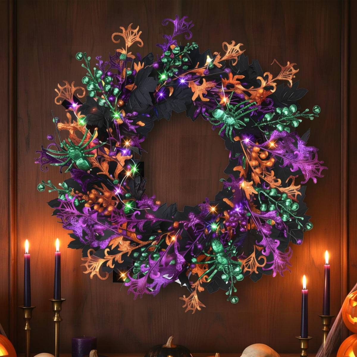 Enhon 16 Inch Halloween Wreath for Front Door with 40 LED Lights, Multicolor Halloween Door Wreath Decorations for Home Porch Table Centerpiece Window Party Holiday Wall Decor(Maple Leaf Style)