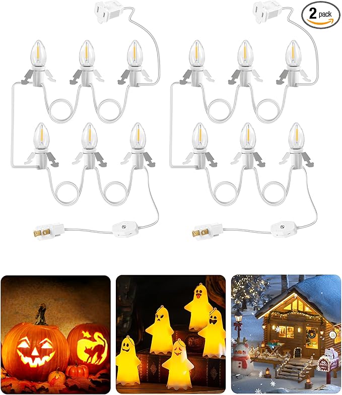 2Pack Christmas Village Lights, Decoration String Lights 12Ft with 6 C7 LED Bulbs, Warm White, with Socket and Switch, for Christmas Snow House,Pumpkin Crafts,Holiday Decoration W04VLP205