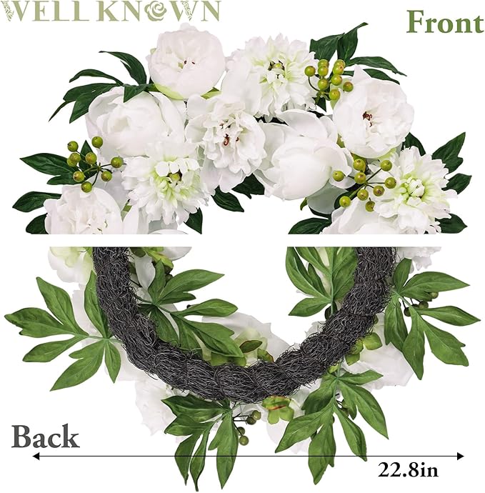 WELL KNOWN Fall & Winter White Wreaths for Front Door, Silk Aritificial Peony Wreath for Front Door Porch, Indoor Wall Window Home Decor, Farmhouse Thanks Giving Christmas Party Wediing Decor & Gift