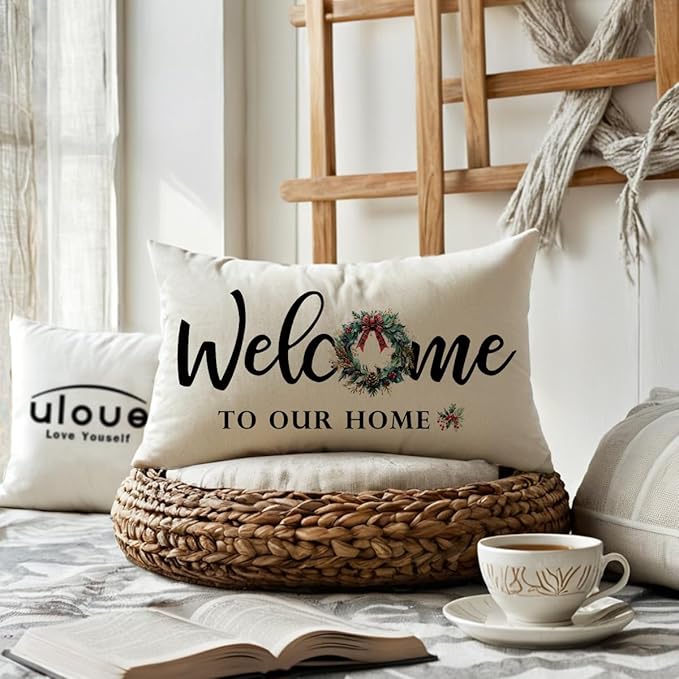Christmas Welcome Throw Pillow Covers 12 x 20 Inch Farmhouse Seasonal Holiday Decorative Lumbar Pillowcases with Xmas Wreath Design Cushion Covers for Front Porch Decor (Red/Green)