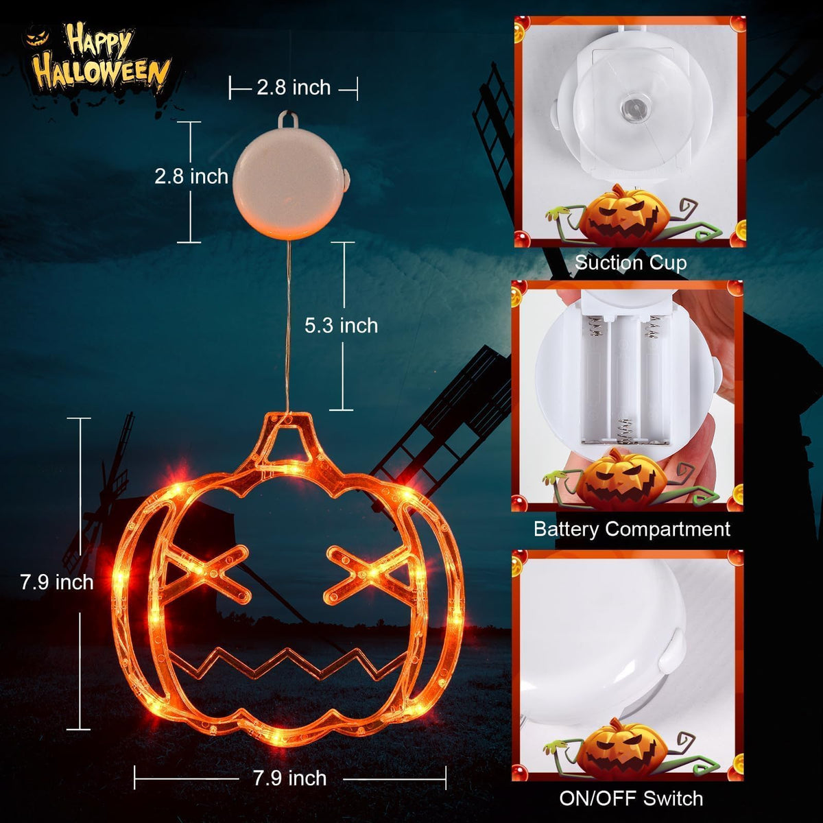 LOLStar Halloween Window Lights, 3 Pack Pumpkin, Spider, Witch Hat Lights