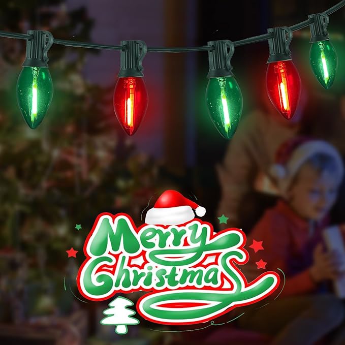 25Ft C9 LED Christmas Lights Outdoor Indoor, Clear Red Green Vintage String Lights, Connectable Dimmable Holiday Decor for Xmas Tree Roofline Patio Backyard Cafe, 25 Bulbs