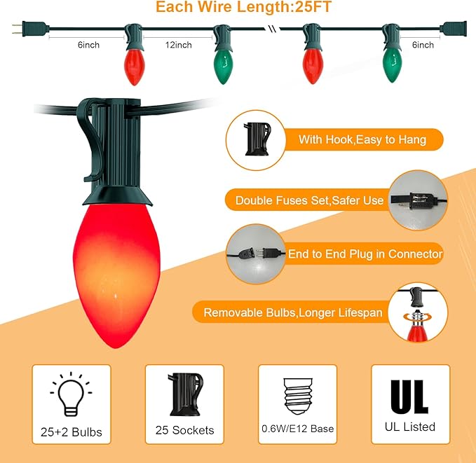 C7 LED Christmas Lights, 25Ft Outdoor Multicolor String Lights with 27 Red Green LED Bulbs, Connectable Indoor Outdoor Christmas String Lights for Tree Backyard Porch Party Holiday Decor-Red & Green