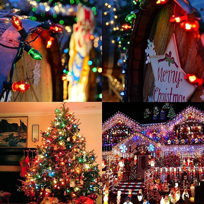 C7 Christmas Lights, 25Ft Outdoor Vintage Christmas String Lights with 27 Clear Multicolor Incandescent Bulbs (2 Spare), Hanging Roofline Lights for Holiday Garden Patio Backyard Christmas Tree Decor