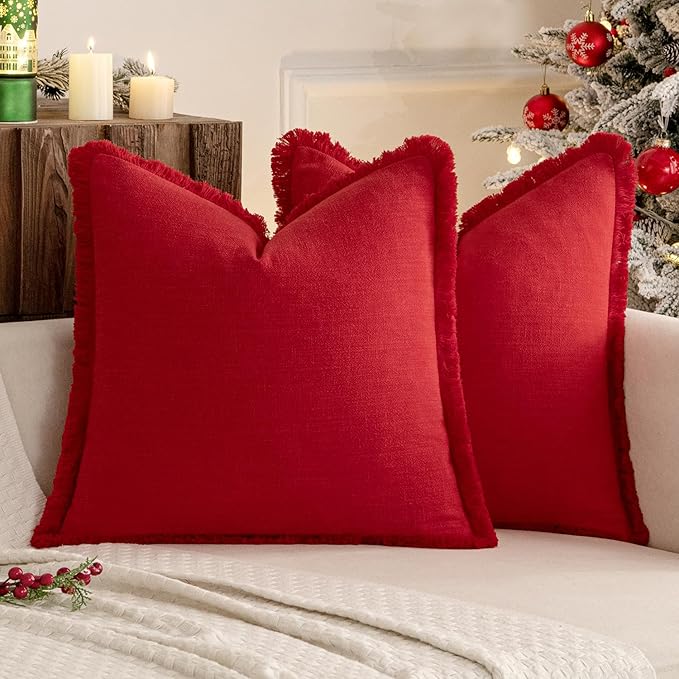 MIULEE Christmas Decorative Throw Pillow Covers Neutral Linen Fringe Throw Pillows Euro Shams Set of 2 Red Boho Farmhouse Cushion Covers with Tassels for Couch Sofa Bed Living Room Decor 22x22 Inch