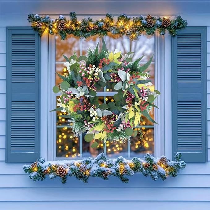 20 inch Green Christmas Wreath for Front Door,Window, Porch, Farmhouse, Indoor and Outdoor Home Decoration