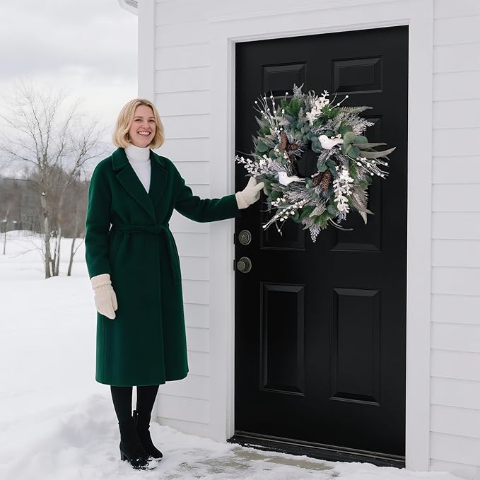 Winter Wreaths for Front Door Outside- 24 Inch Outdoor Christmas Wreath with White Owl,Pine Cones,Cedar and White Berries,Artificial Snowy Winter Decorations for Home Farmhouse Door Decor