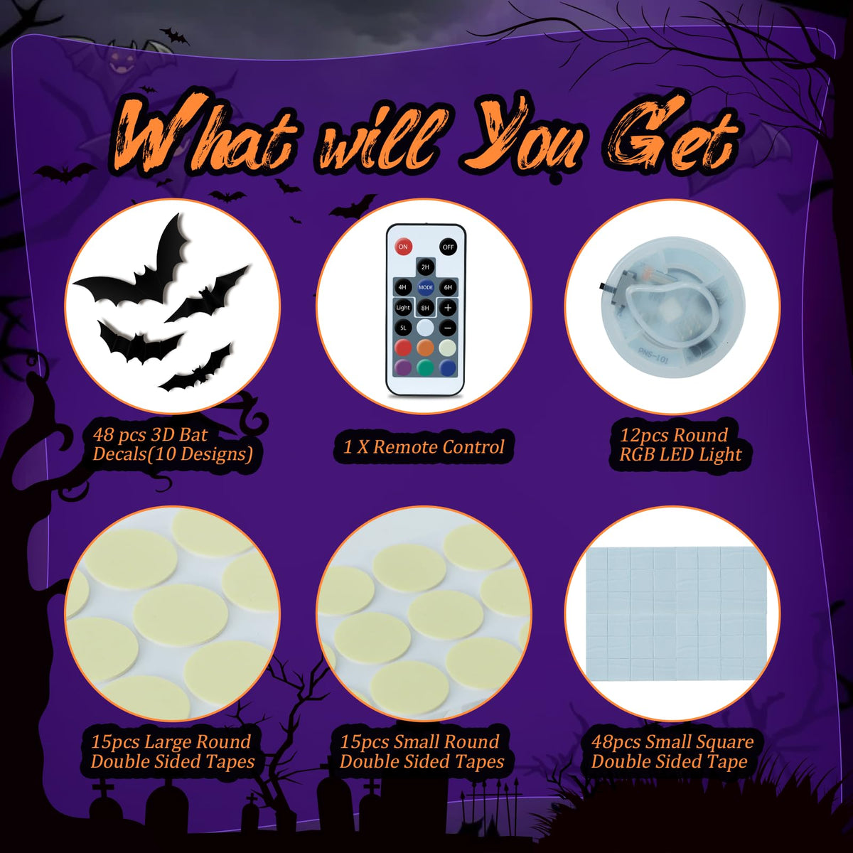 PChero 12 Lights & 48 Bats Halloween Decoration Kit with Remote Timer, Color Changing Light up Bats Wall Decor, 10 Different Size 3D Bat Stickers for Window Wall Living Room Bedroom Party Spooky Decor