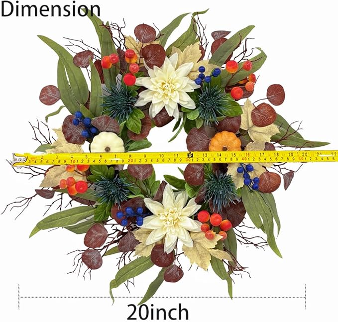 20 Inch Fall Wreath for Front Door, Artificial Thanskgiving Autumn Wreath with Pumpkins, Berries, Dahlia and Silk Leaves for Farmhouse Home Window Wall Office Indoor Outdoor Decorations