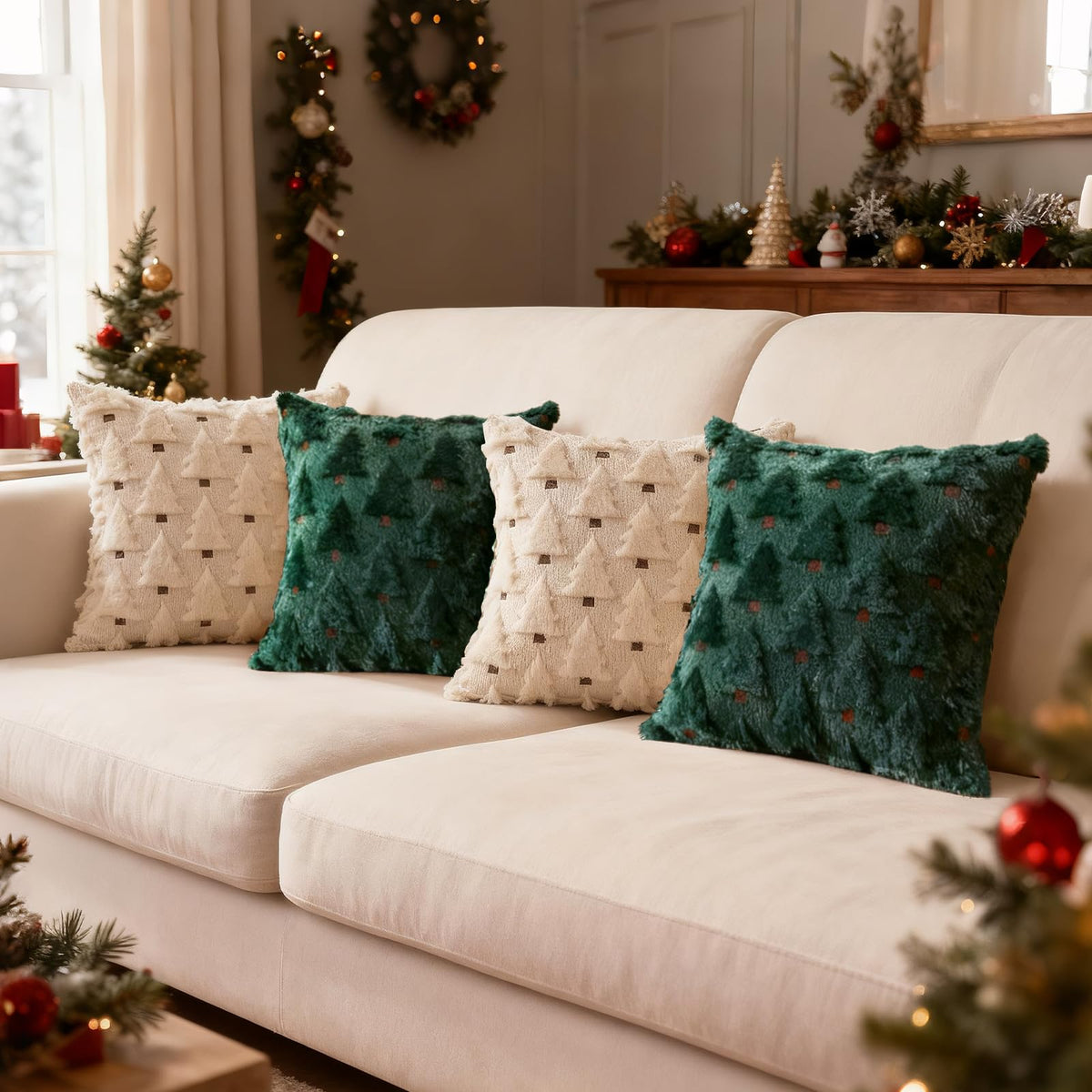 HDVUHKI Christmas Throw Pillow Covers 18x18 inch Set of 4, Beige and Green Xmas Tree Holiday Winter Living Room Soft Fluffy Plush Faux Fur Wool Decorations for Sofa Couch Bed