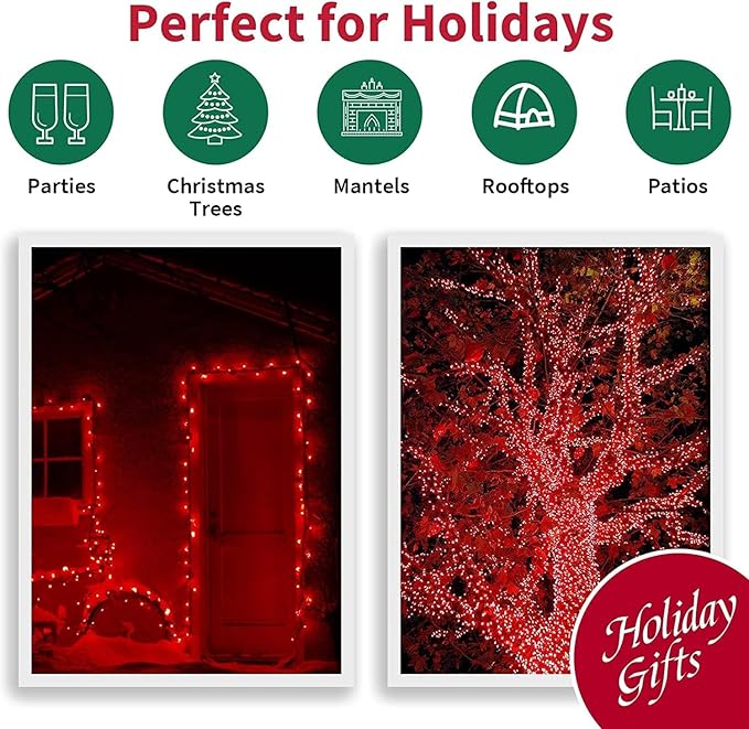 LAMPHOME 33ft Christmas Decorative Mini Lights, 100 LED Transparent Wire Fairy Starry String Lights Plug in, 11 Lighting Modes, for Indoor Outdoor Xmas Tree Wedding Party Decoration (red)