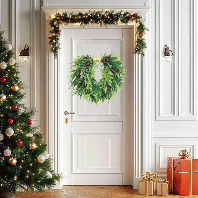 20 inch Christmas Wreath for Front Door- Indoor and Outdoor, Artificial Christmas Wreath Decorated with Pine Cones and Cypress Trees, Rural Farmhouse Holiday Wreath Decoration