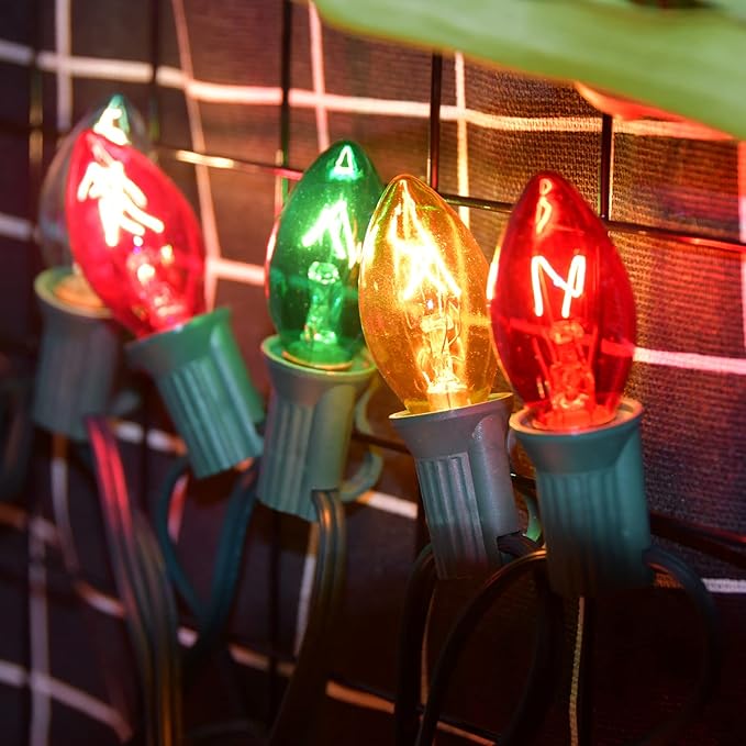 C7 Christmas Lights, 25Ft Outdoor Vintage Christmas String Lights with 27 Clear Multicolor Incandescent Bulbs (2 Spare), Hanging Roofline Lights for Holiday Garden Patio Backyard Christmas Tree Decor
