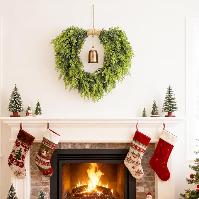Real Touch Artificial Cedar Wreath 20" with Bell Fake Christmas Wreaths for Front Door Faux Pine Greenery Heart Wreaths for Home,Window,Table,Mantle,Wall,Indoor,Outdoor Xmas Decorations