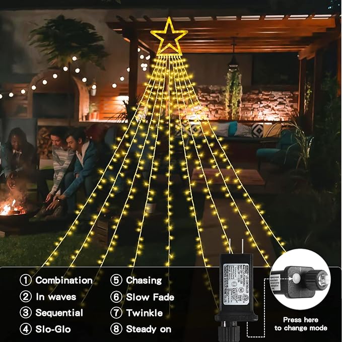 Christmas String Lights Outdoor Decoration 317 LED Star Fairy String Lights 8 Modes & Waterproof for Party Wedding Patio Yard New Year Holiday Indoor Outdoor - Warm White