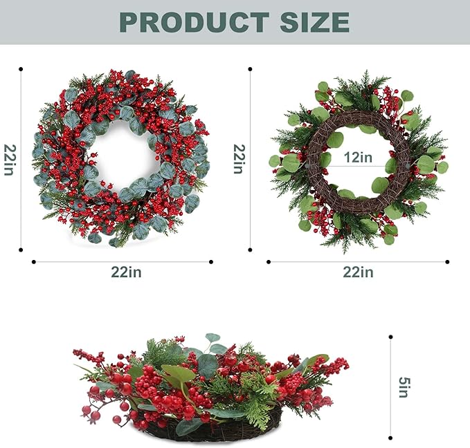Artificial Christmas Wreath 22inch Christmas Wreaths for Front Door Xmas Red Berry Wreath with Eucalyptus Leaves Pine Needles Red Berries for Wall Farmhouse Window Winter Holidays