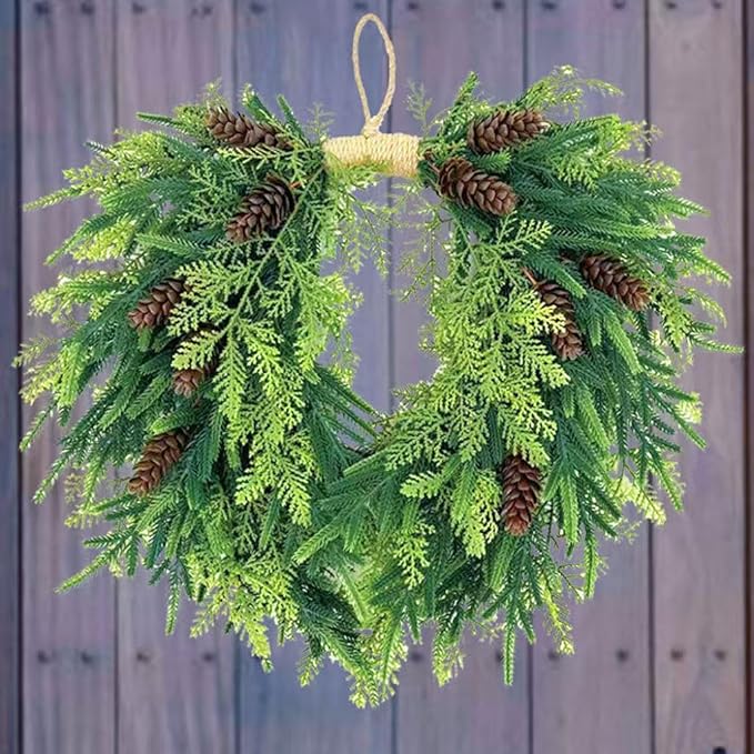 20 inch Christmas Wreath for Front Door- Indoor and Outdoor, Artificial Christmas Wreath Decorated with Pine Cones and Cypress Trees, Rural Farmhouse Holiday Wreath Decoration