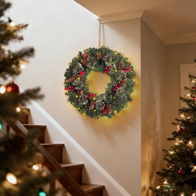 FR Artificial Pre-Lit Fir Christmas Wreath Holiday Accent Decoration, Wintry Pine, Decorated with Pine Cones Berry Clusters Frosted Branches, with LED Lights for Door, Mantel 20 Inch